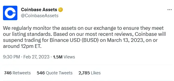 Coinbase Tweet on BUSD