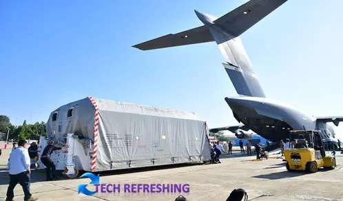 The NASA-ISRO Synthetic Aperture Radar (NISAR) science instrument payload is unloaded from a cargo plane shortly after arriving in Bengaluru, India, on March 6. At ISRO’s U R Rao Satellite Centre. Image Credit ISRO