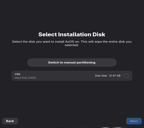 Select disk and partitioning (auto with Btrfs snapshots or manual).