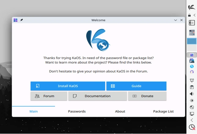 welcome Screen KaOS 2025.11