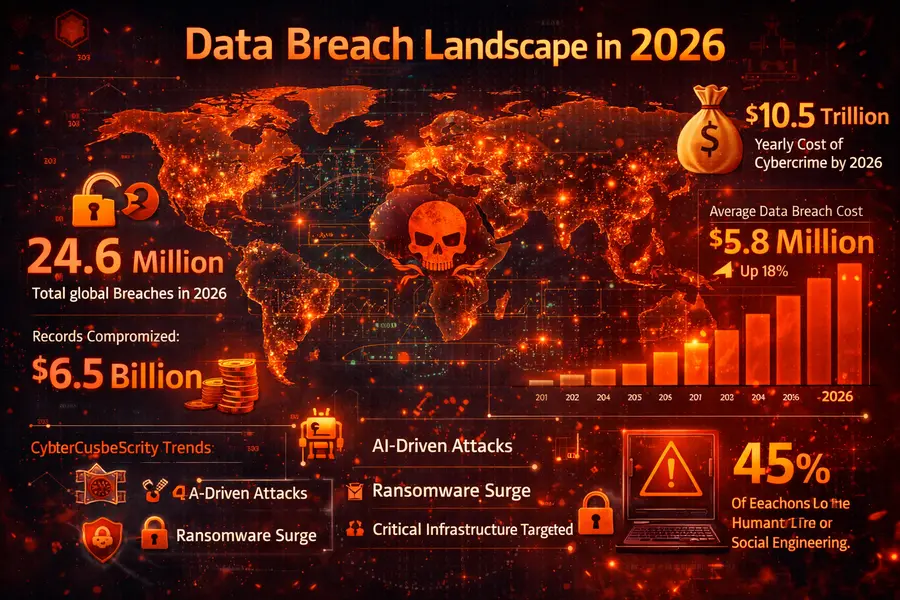 Data breach statistics infographic for 2026 showing global breach numbers, costs, and cybersecurity trends
