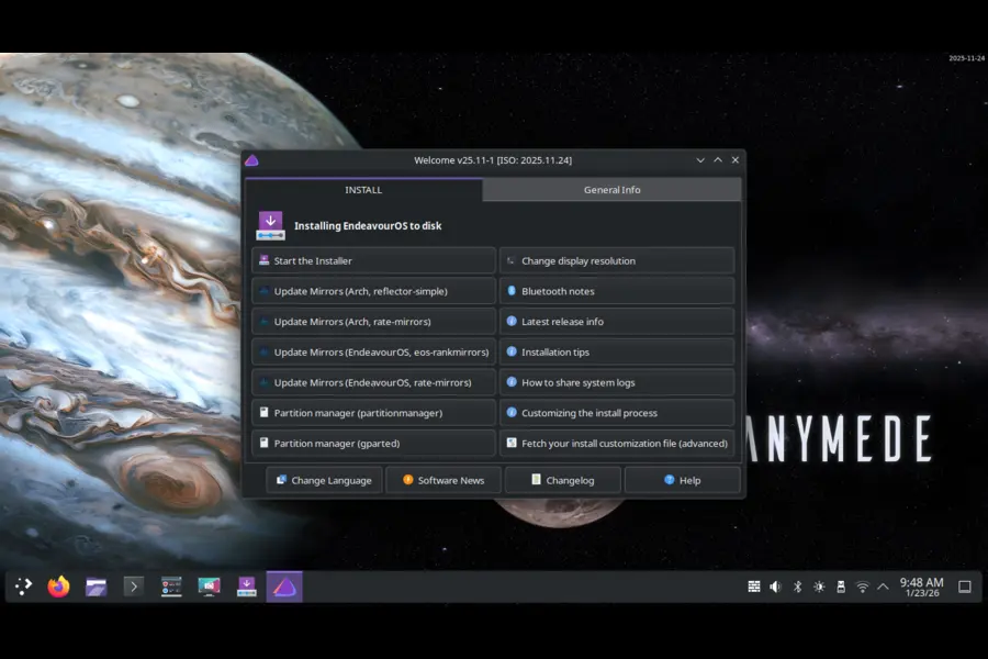 EndeavourOS Ganymede Neo (2026.01.12) with KDE Desktop