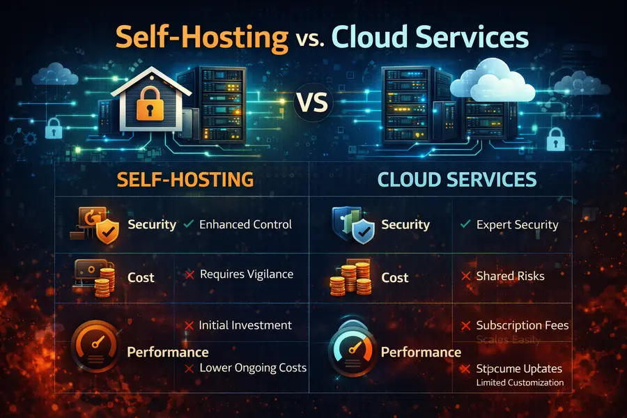 Visual comparison chart of self-hosting versus cloud services showing security, cost, and performance differences in 2026
