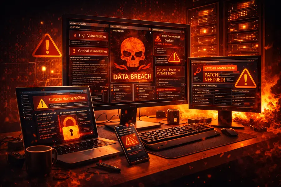 Computer screens displaying cybersecurity vulnerabilities, patch management alerts, and security risks in self-hosted infrastructure