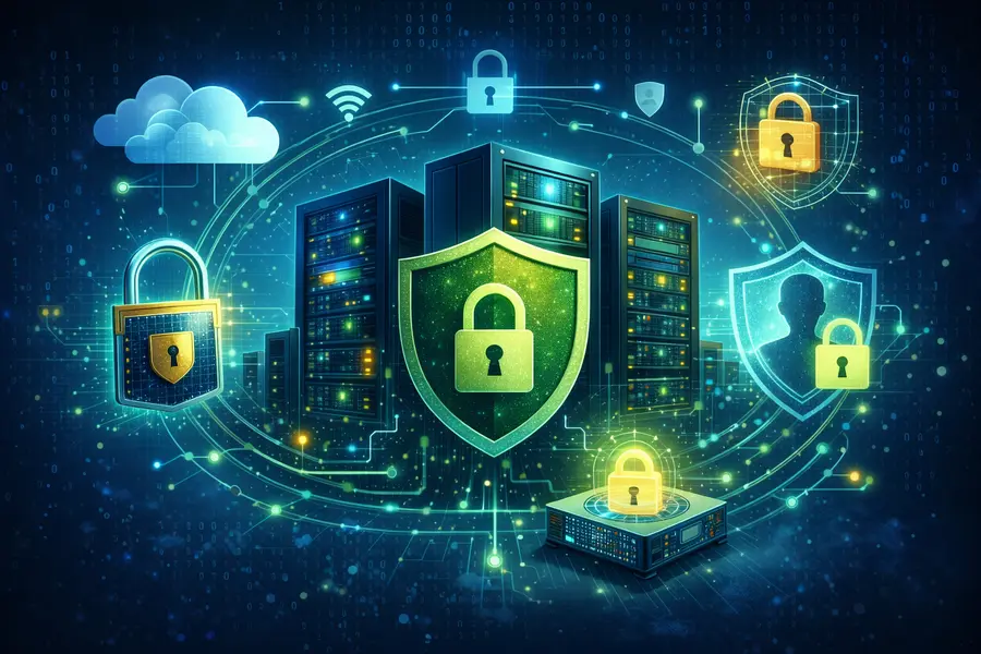 Conceptual illustration of self-hosting security benefits with data encryption, privacy protection, and secure server infrastructure