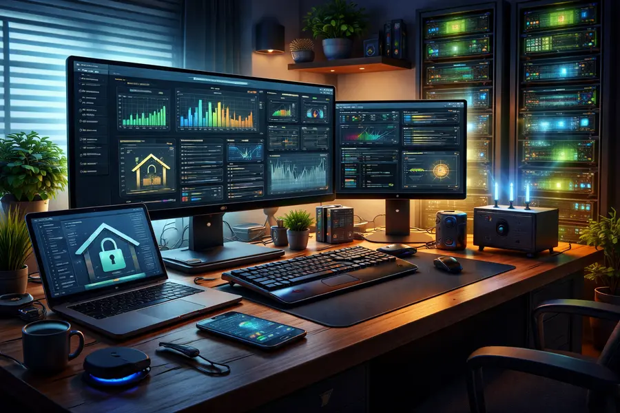Home office self-hosting setup showing server management dashboard and monitoring tools in 2026