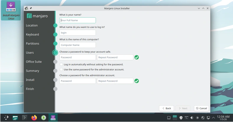 Installing Manjaro 26 Anh-Linh – A Beginner's Guide to the Latest Rolling Release 6 User Account & Password Setup