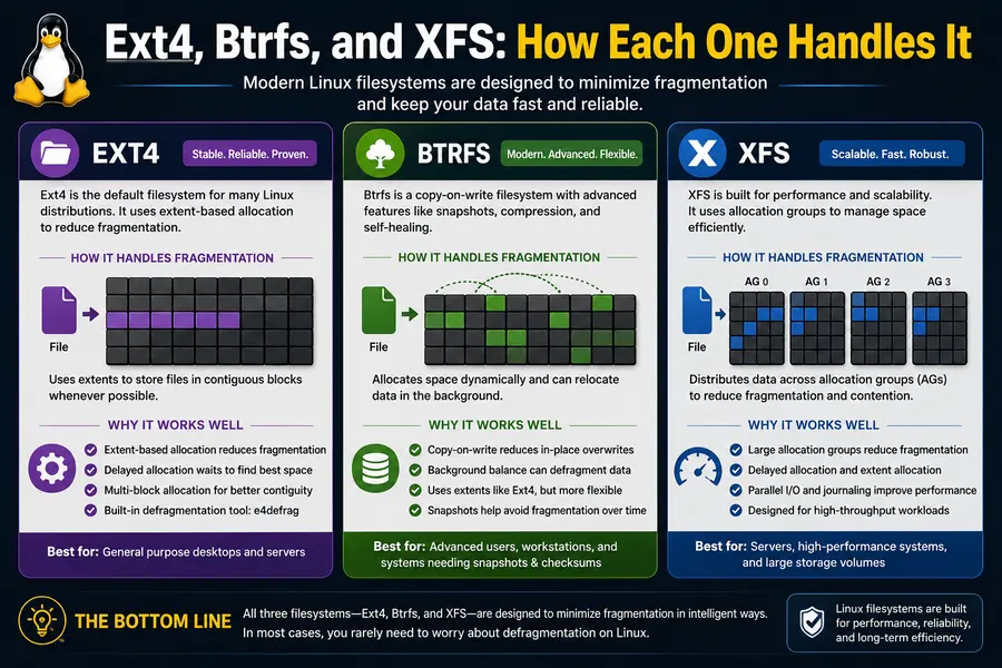 Why Linux Rarely Needs Defragmentation 3 Ext4, Btrfs, and XFS: How Each One Handles It