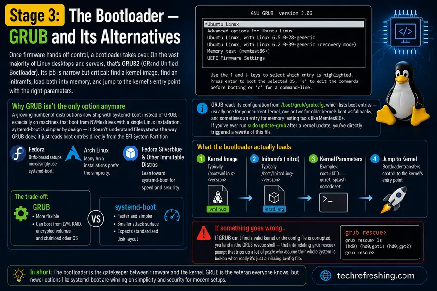 What Happens When You Press the Power Button on a Linux PC 4 Stage 3: The Bootloader — GRUB and Its Alternatives