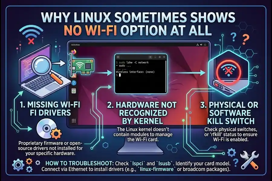 No Wi-Fi Option in Linux? Here's How to Troubleshoot It 2 Why Linux Sometimes Shows No Wi-Fi Option at All