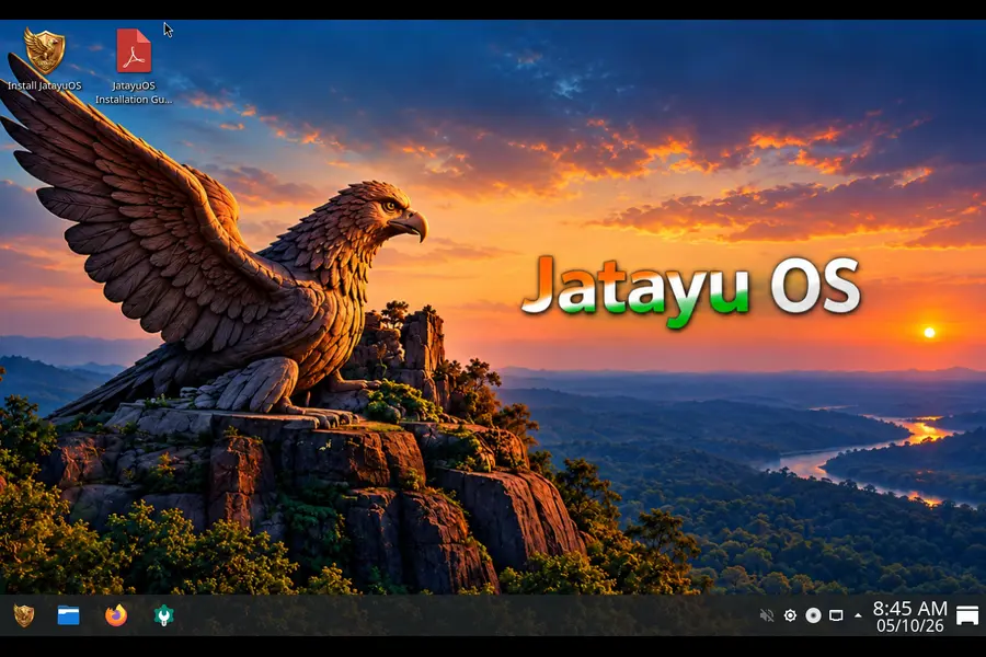 "JatayuOS 1.0 Udaan desktop with KDE Plasma and eagle sunset wallpaper".